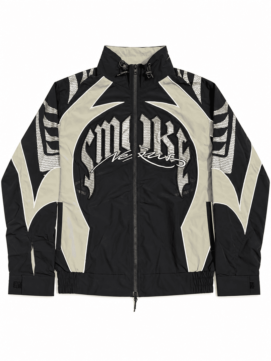 Chaqueta deportiva negra y crema estampada