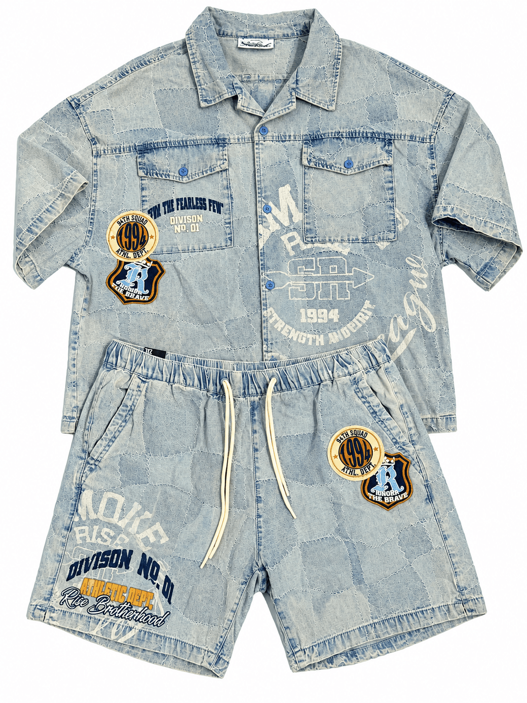 Conjunto camisa y pantaloneta denim con parches