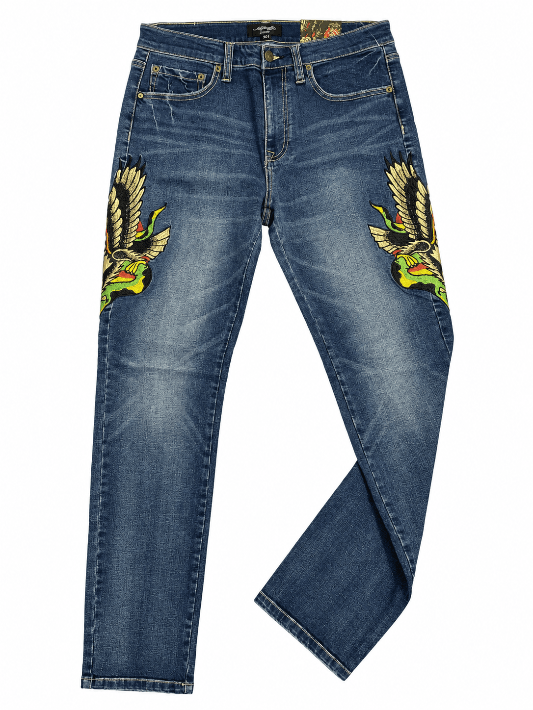 Jean Ed Hardy azul con parche águila